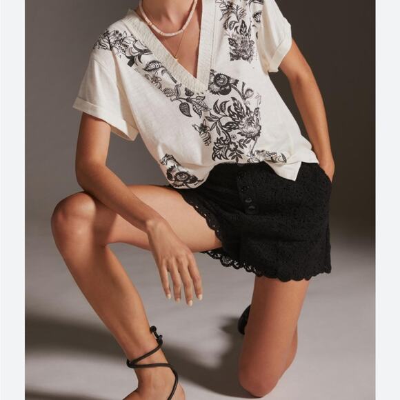 Anthropologie Daily Practice Black Floral Print Oversized V-Neck T-Shirt XXS - Picture 3 of 9